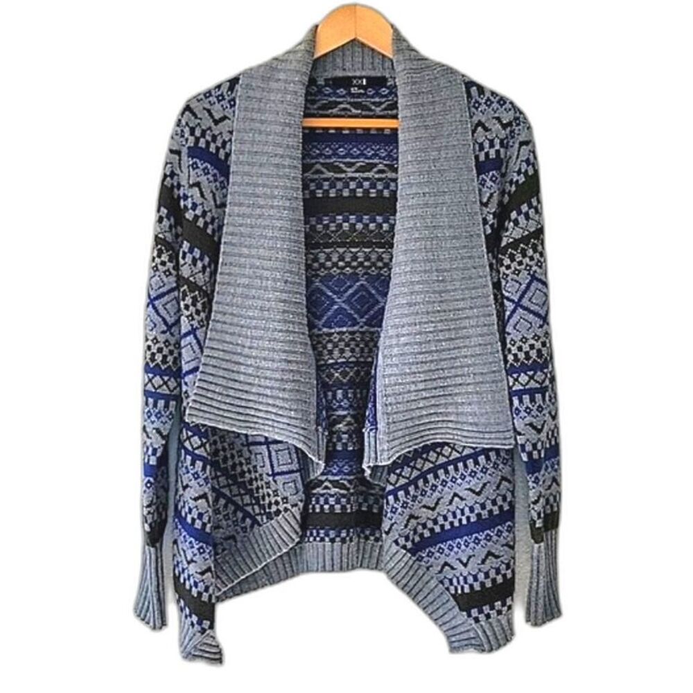XXI FOREVER 21 Blue Brown Gray Fair Isle Knit Long Sleeved Cardigan Sweater sz M
